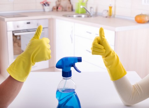 Trained carpet cleaner in EN5 using protective gear during service